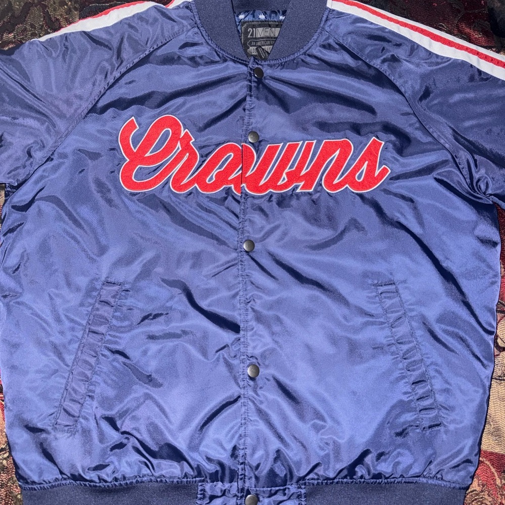 FOREVER 21 CROWNS Felt Embroidered Red/White/Navy Blue Satin Button Jacket
